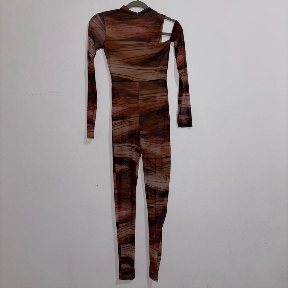 Brown Abstract Long Sleeve Jumpsuit